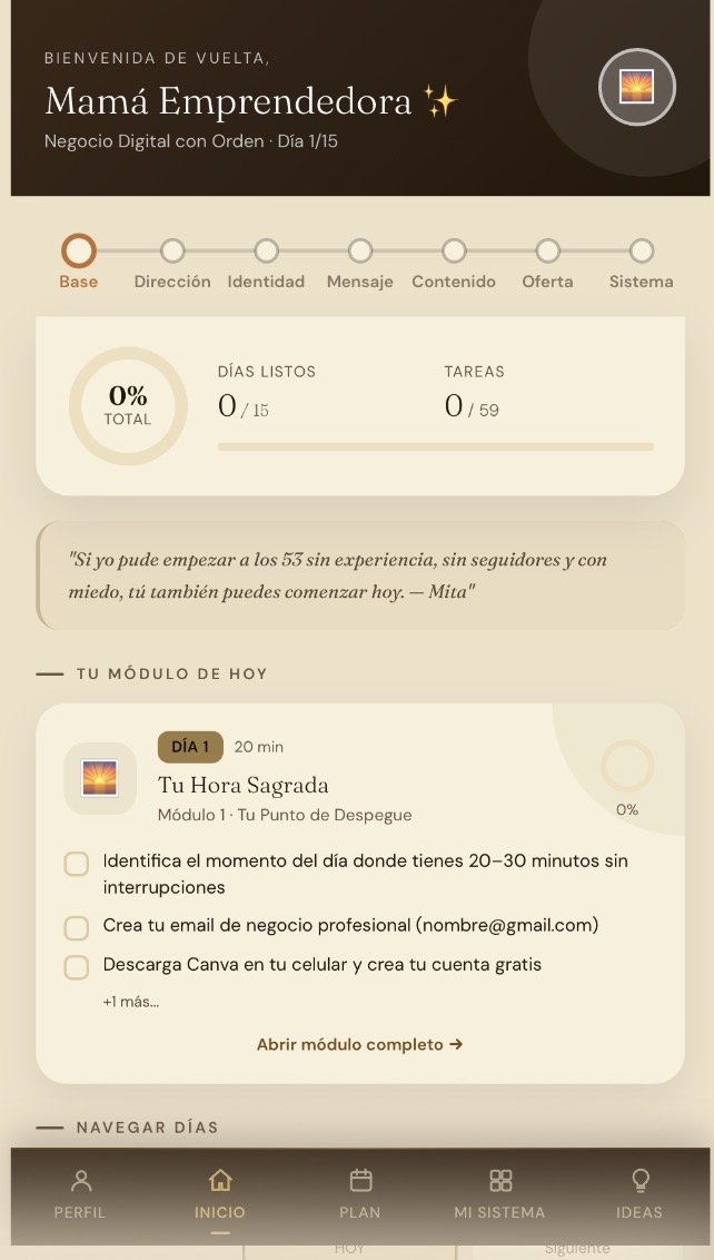 Pantalla de Inicio de la app, con el módulo del día y tu progreso