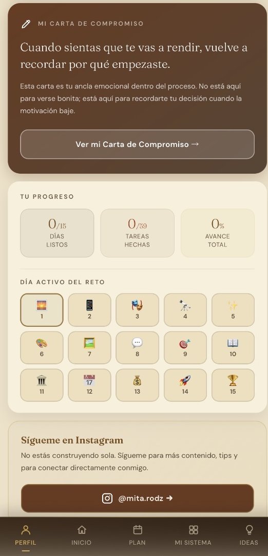Pantalla de perfil de la app, con la carta de compromiso y el progreso del reto