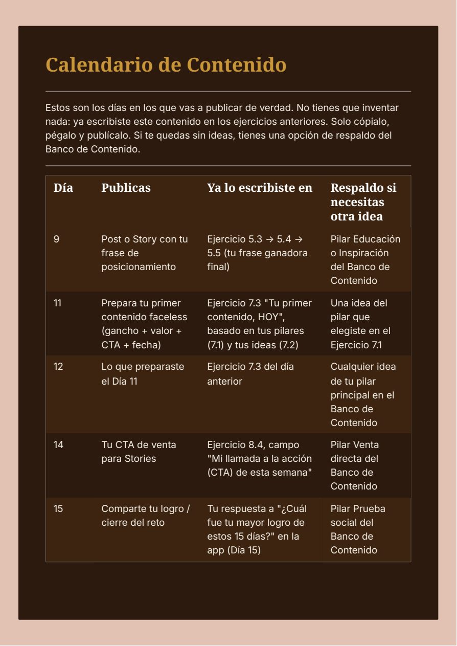 Página del Calendario de Contenido del Workbook Negocio Digital en 15 Días