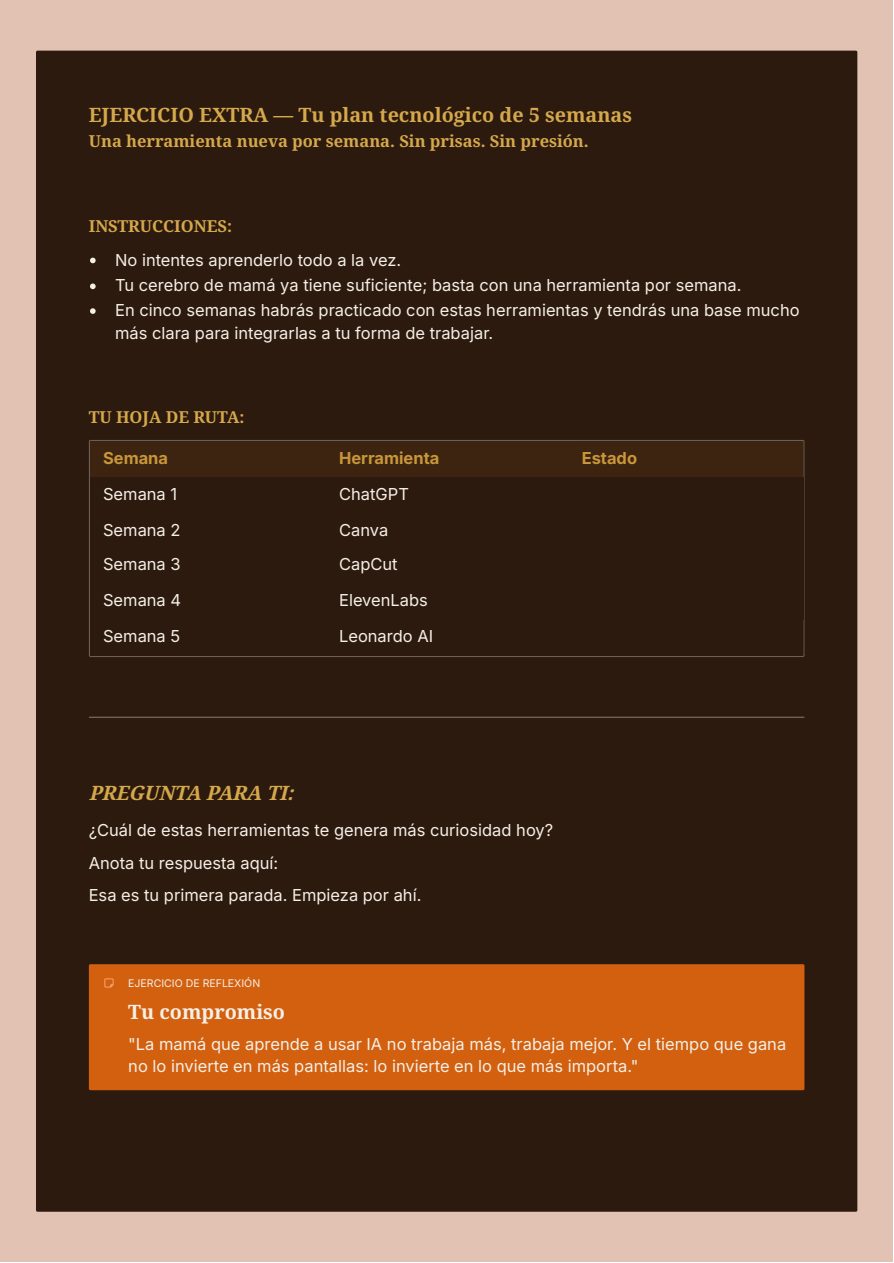 Página del Módulo Extra — Tu Equipo Digital Invisible, con el plan tecnológico de 5 semanas, del Workbook Negocio Digital en 15 Días