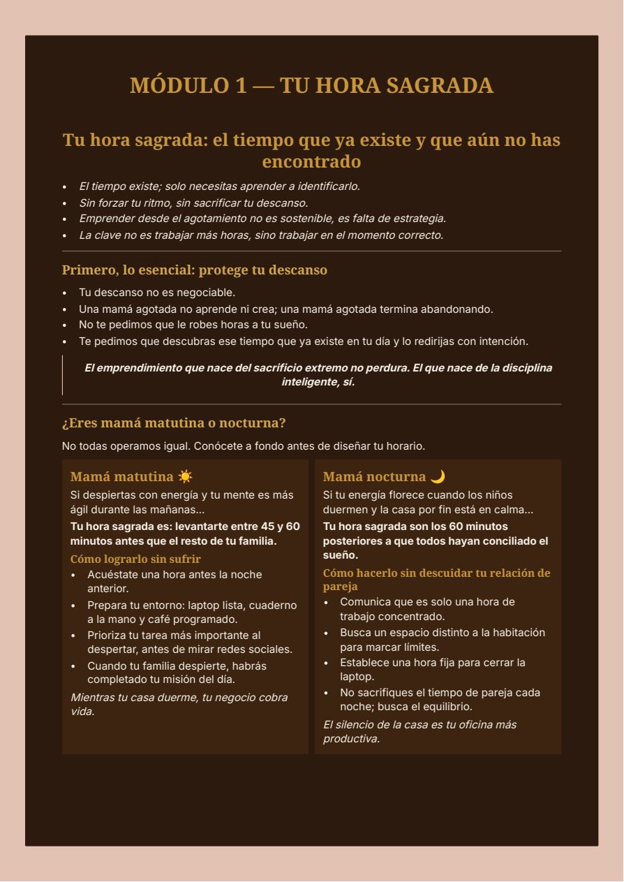 Página del Módulo 1 — Punto de Despegue (ejercicio Tu Hora Sagrada), del Workbook Negocio Digital en 15 Días