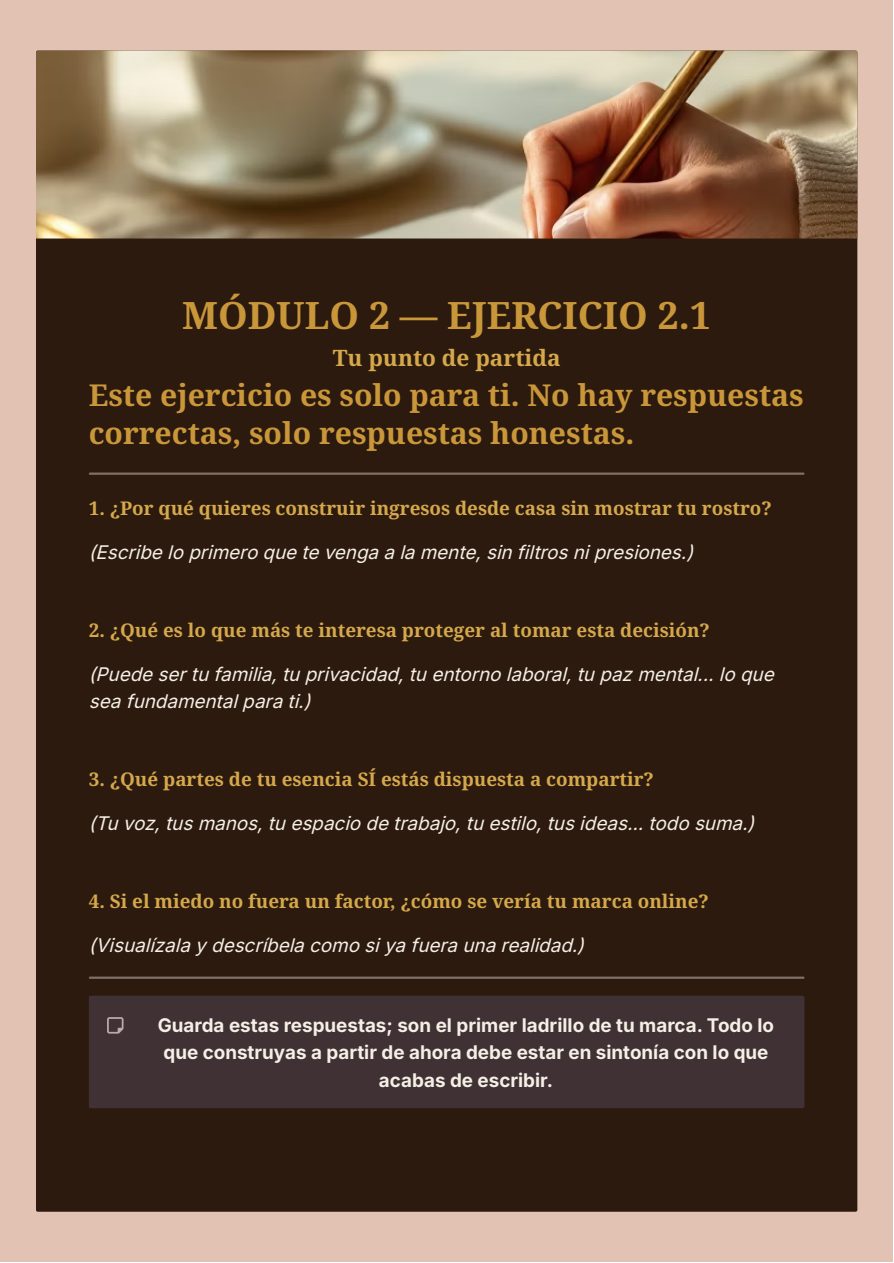 Página del Módulo 2 — El Juego Anónimo, con un ejercicio de reflexión, del Workbook Negocio Digital en 15 Días