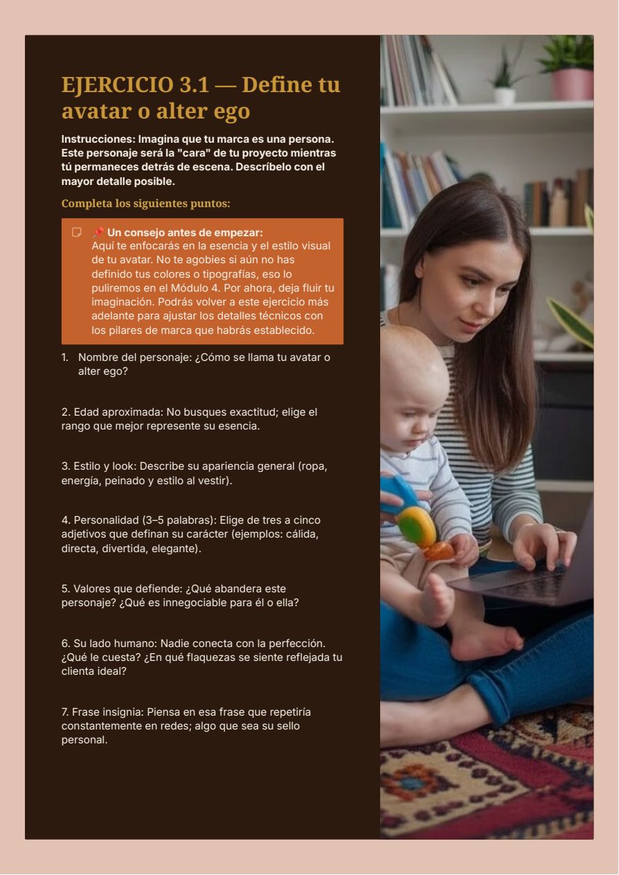Página del Módulo 3 — Visión y Avatar, con el ejercicio para definir tu avatar de marca, del Workbook Negocio Digital en 15 Días