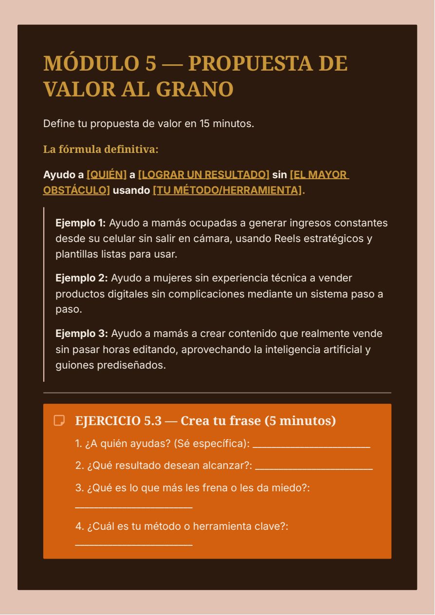 Página interior del Workbook Negocio Digital en 15 Días, con ejemplos y un ejercicio para definir tu propuesta de valor
