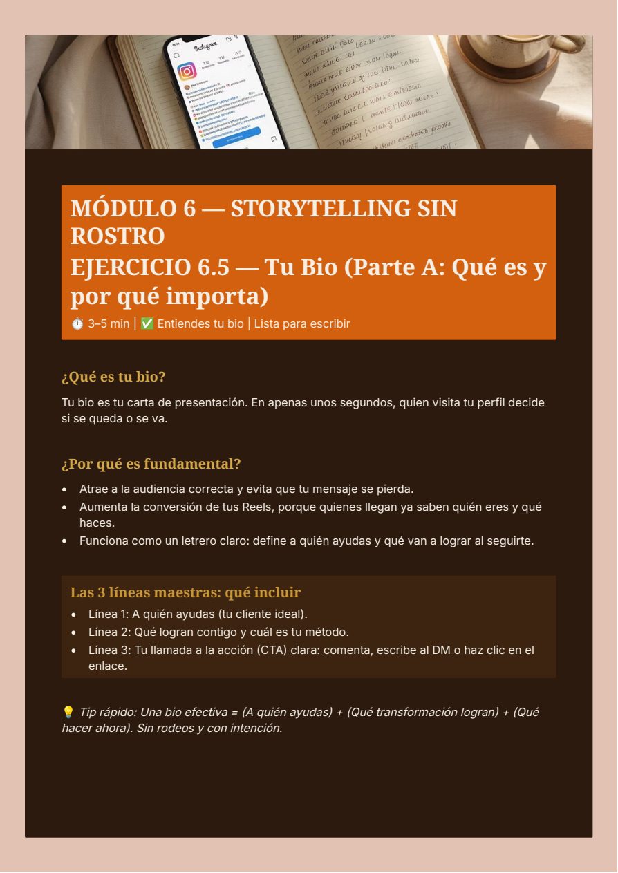 Página interior del Workbook Negocio Digital en 15 Días, con el ejercicio para escribir la bio de tu perfil