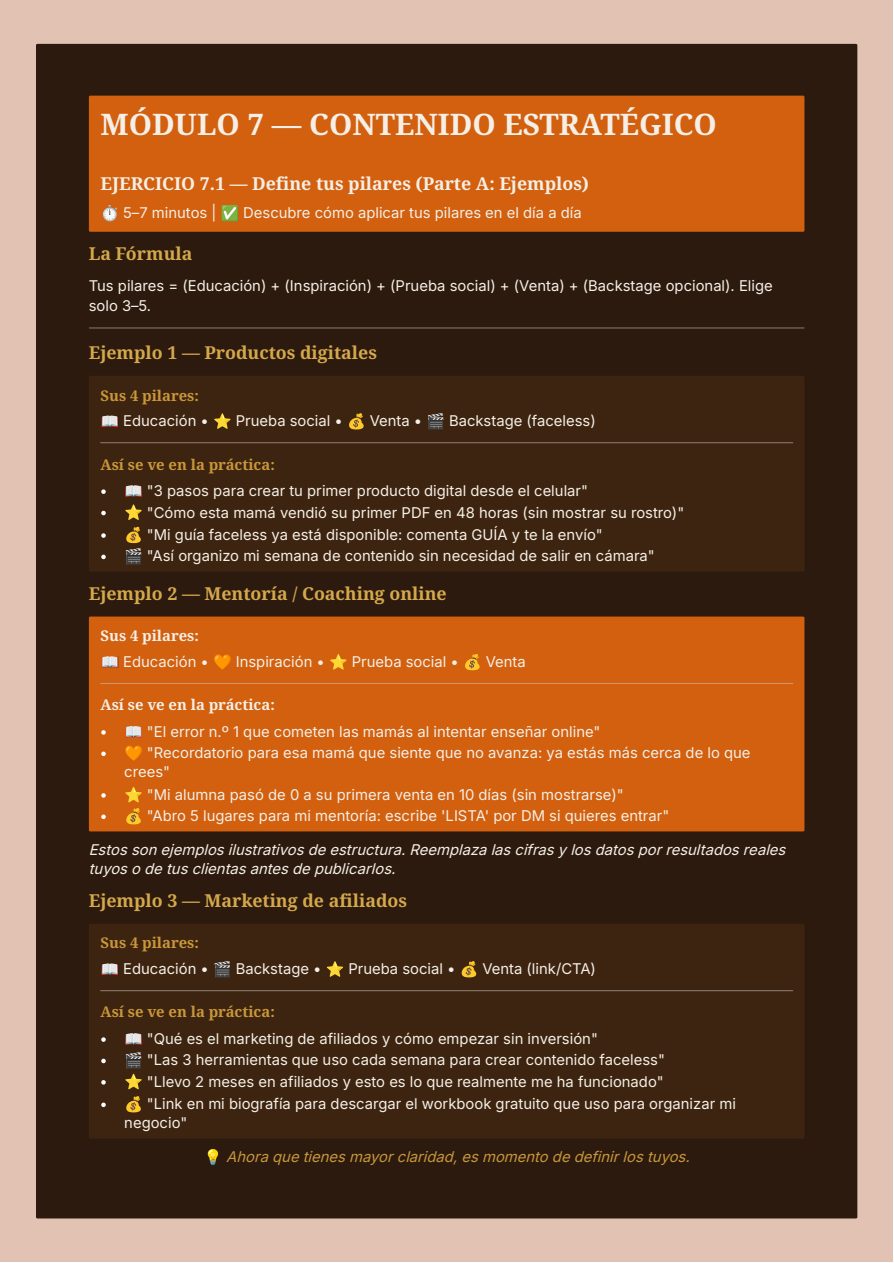 Página del Módulo 7 — Contenido Estratégico sin Mostrarte, con ejemplos de pilares de contenido, del Workbook Negocio Digital en 15 Días